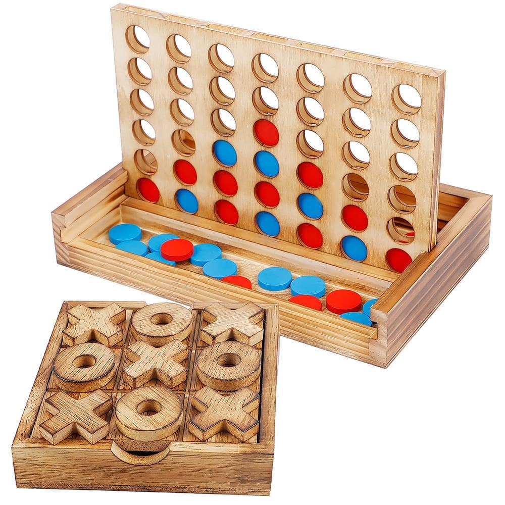 Rustic Decor Wood Strategy Board Games Set with Tic Tac Toe and 4 in a Row 