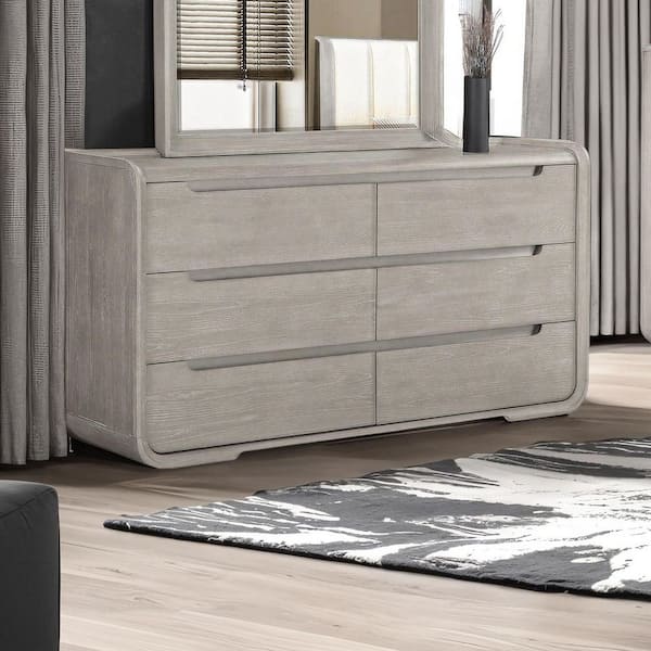 Furniture of America Wilter Light Gray 6-Drawer 66 in. Dresser with Rounded Edges and Nickel Finish Stainless Steel Trim