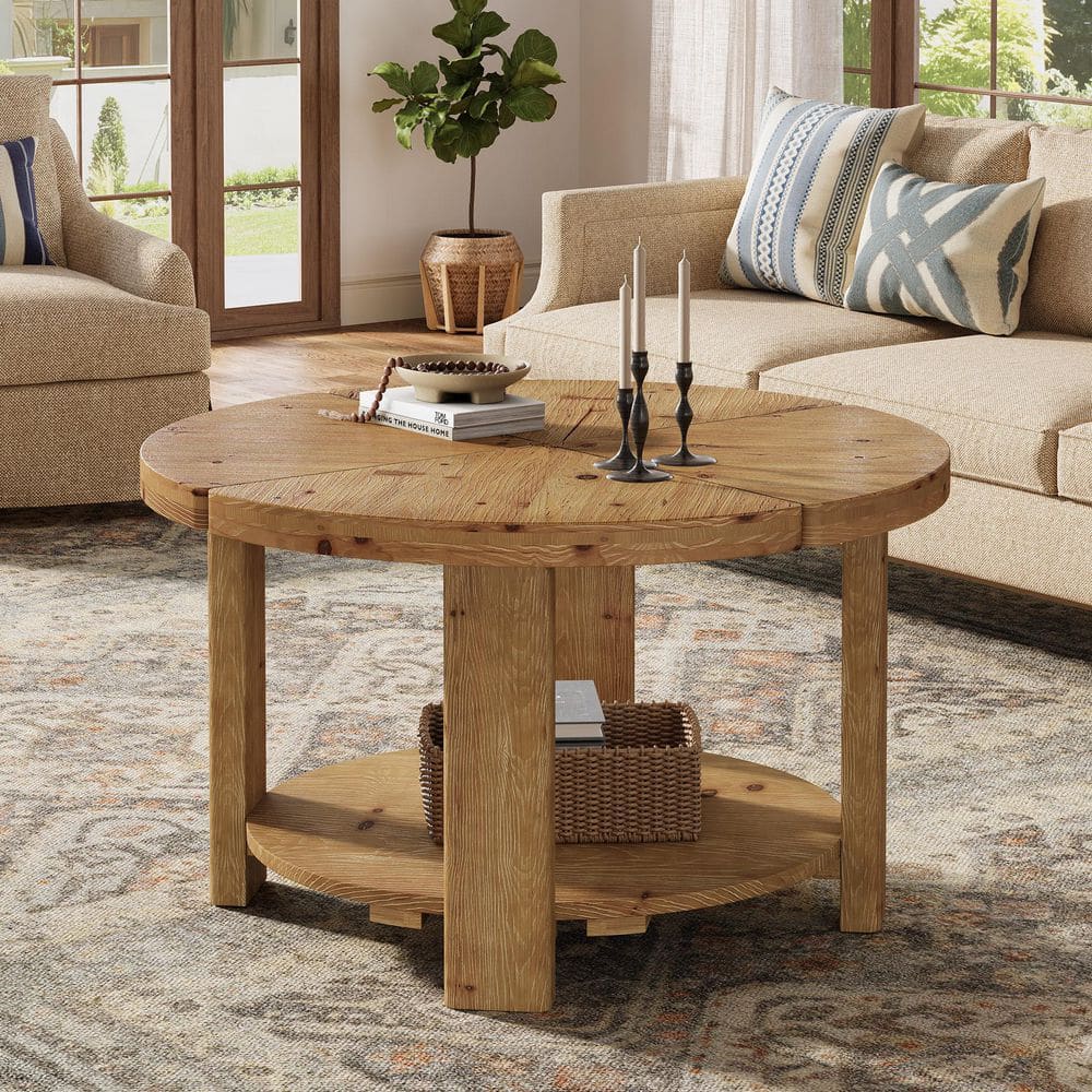 Allan 31.5 in. Brown Round Solid Wood Coffee Table with Shelf, 2-Tier Center Table for Living Room