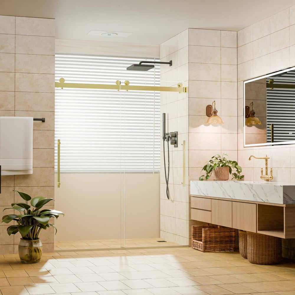 56-60 in. W x 76 in. H Double Sliding Semi Frameless Shower Door in Brushed Gold with Tempered Clear Glass price history on PriceWatchPro