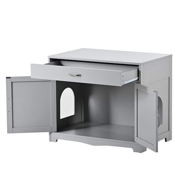 Unbranded Litter Box Enclosure Cat Litter Box Furniture with Hidden Plug 2 Doors Cat Washroom Storage Bench Side Table in Gray