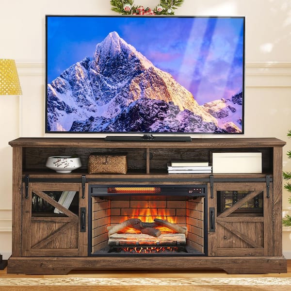 60 in. Freestanding Ultra Thin Tempered Glass Front Smart Electric Fireplace and TV Stand with Remote in Brown