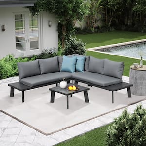 Soleil Jardin 4-piece Aluminum L-Shaped Outdoor Conversation Sofa Set, Dark Grey Finish and Grey Cushions