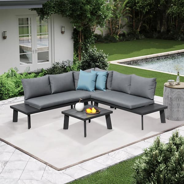 Freestyle 4-Piece Aluminum Grey L-Shaped Outdoor Conversation Sofa Set with Grey Cushions