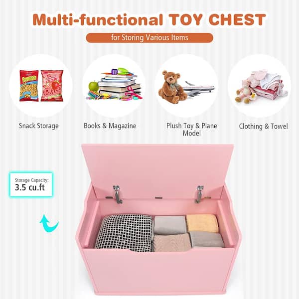 Costway Pink Kids Toy Box Wooden Flip-top Storage Chest