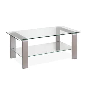 Asta 40 in. Satin Nickel/Clear Medium Rectangle Glass Coffee Table with Shelf