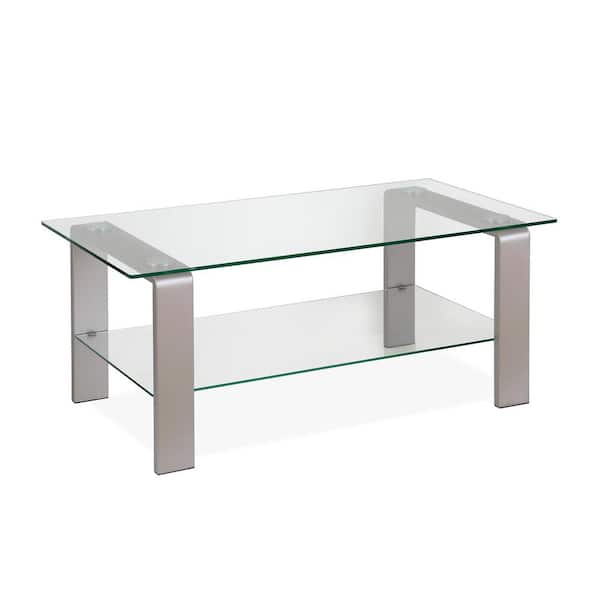 Meyer&Cross Asta 40 in. Satin Nickel/Clear Medium Rectangle Glass Coffee Table with Shelf