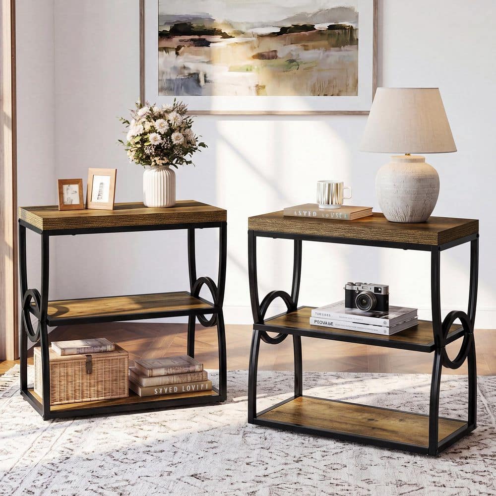 23.62 in. Rustic Brown Rectangle Wood End Table with Storage 3-Shelf, Narrow Side Table with Sturdy Metal Set of 2 price history on PriceWatchPro