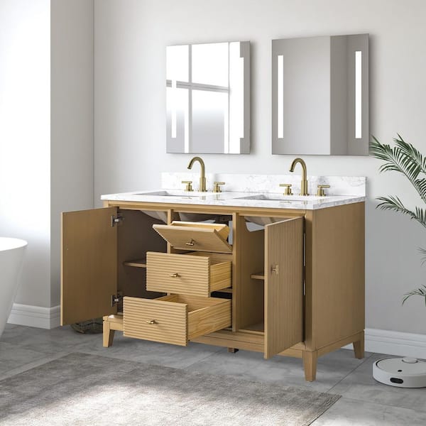 54 in. W x 34 in. H Double Sink Natural Oak Bath Vanity Cabinet with Arabescato White Engineered Marble Top