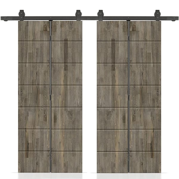 CALHOME 60 in. x 84 in. Hollow Core Weather Gray Stained Pine Wood Double Bi-Fold Door with Sliding Hardware Kit