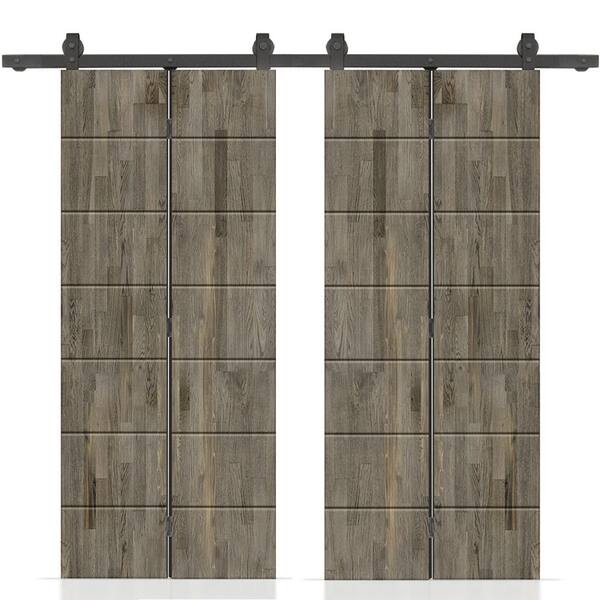 CALHOME 64 in. x 84 in. Hollow Core Weather Gray Stained Pine Wood Double Bi-Fold Door with Sliding Hardware Kit