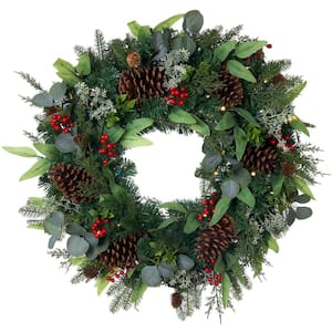 30 in. Green battery-operated prelit LED Artificial Christmas Wreath with Christmas Woods
