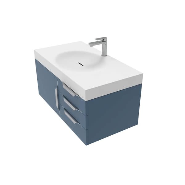 castellousa Thames 36 in. W x 19 in D x 16.25 in H Single Floating Bath Vanity in Matte Blue w Chrome Trim w Solid Surface White Top