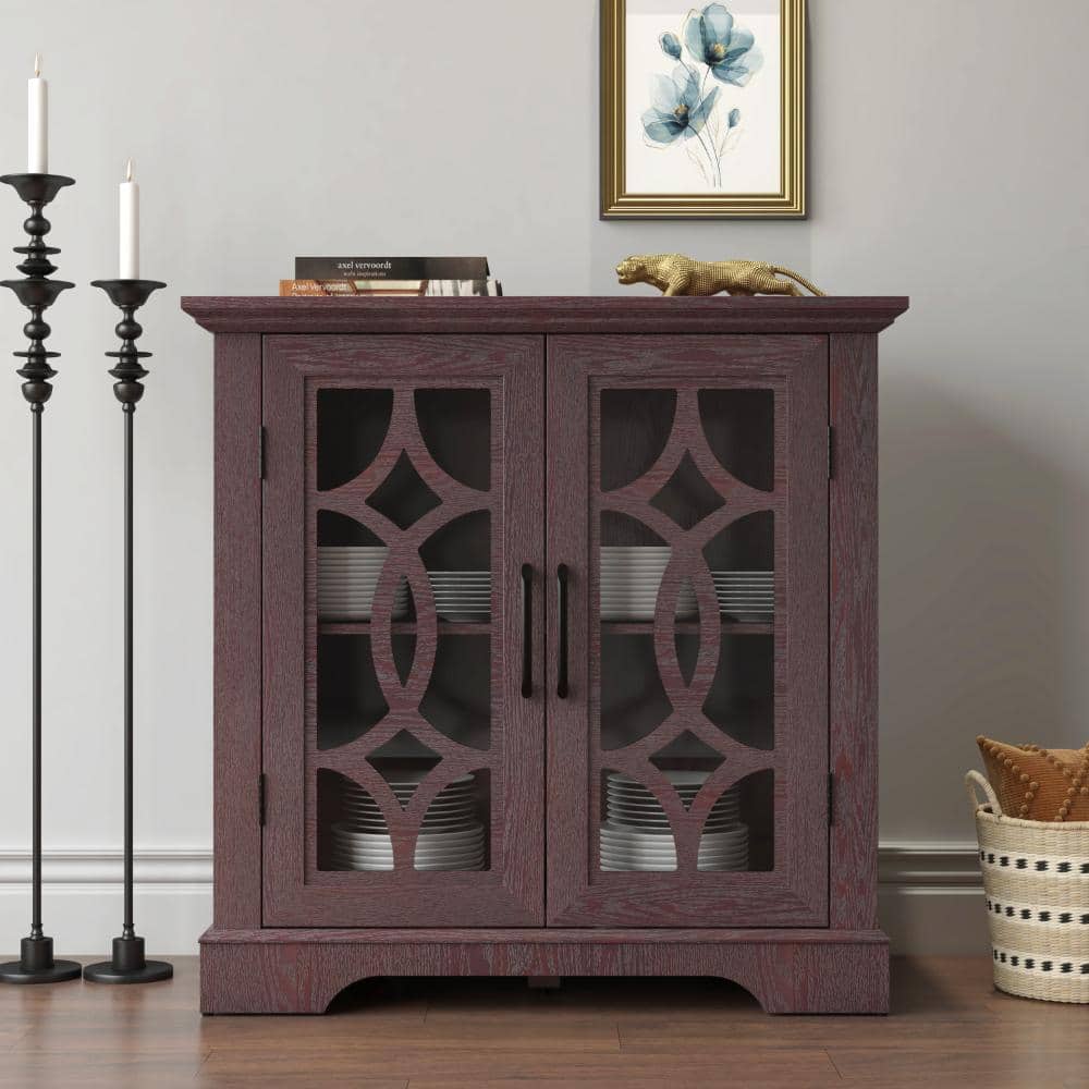 34 in. W Red Sideboard Cabinet with 2 Tempered Glass Doors and Shelves