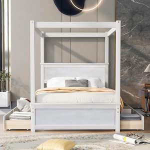 Brushed White Wood Frame Full Size Canopy Bed with 4-Drawers and 3-Central Support legs