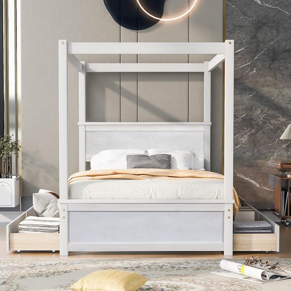 Harper & Bright Designs Brushed White Wood Frame Full Size Canopy Bed with 4-Drawers and 3-Central Support legs