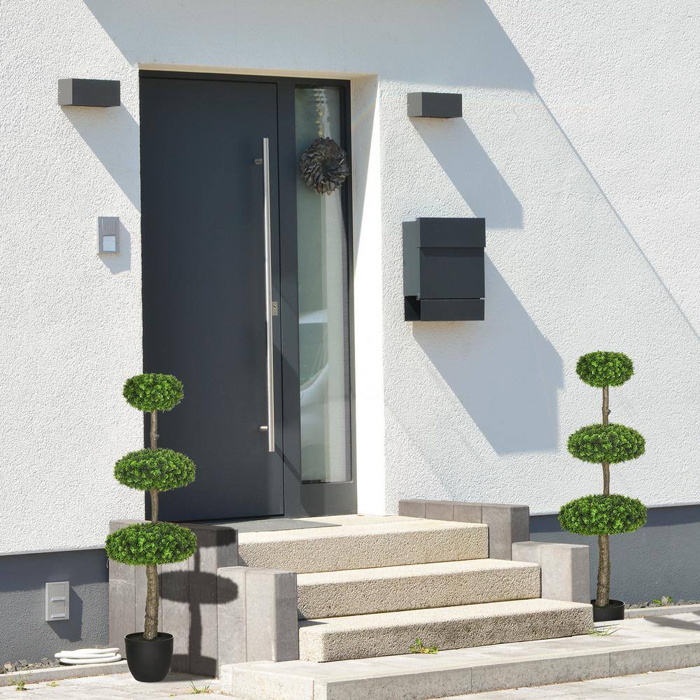 Set of 2 Green Plastic Boxwood Topiary Trees in Black Pots