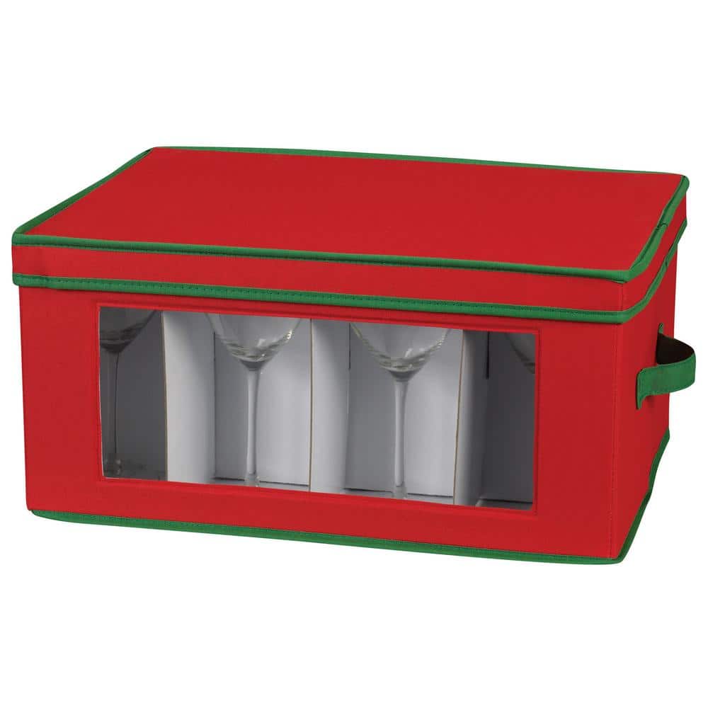 Red and Green Collapsible Holiday Stemware Storage Box with Lid