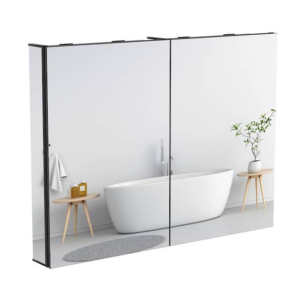 40 in. W x 30 in. H Rectangular Matte Black Aluminum Medicine Cabinet with Mirror Recessed or Surface Wall-Mounted
