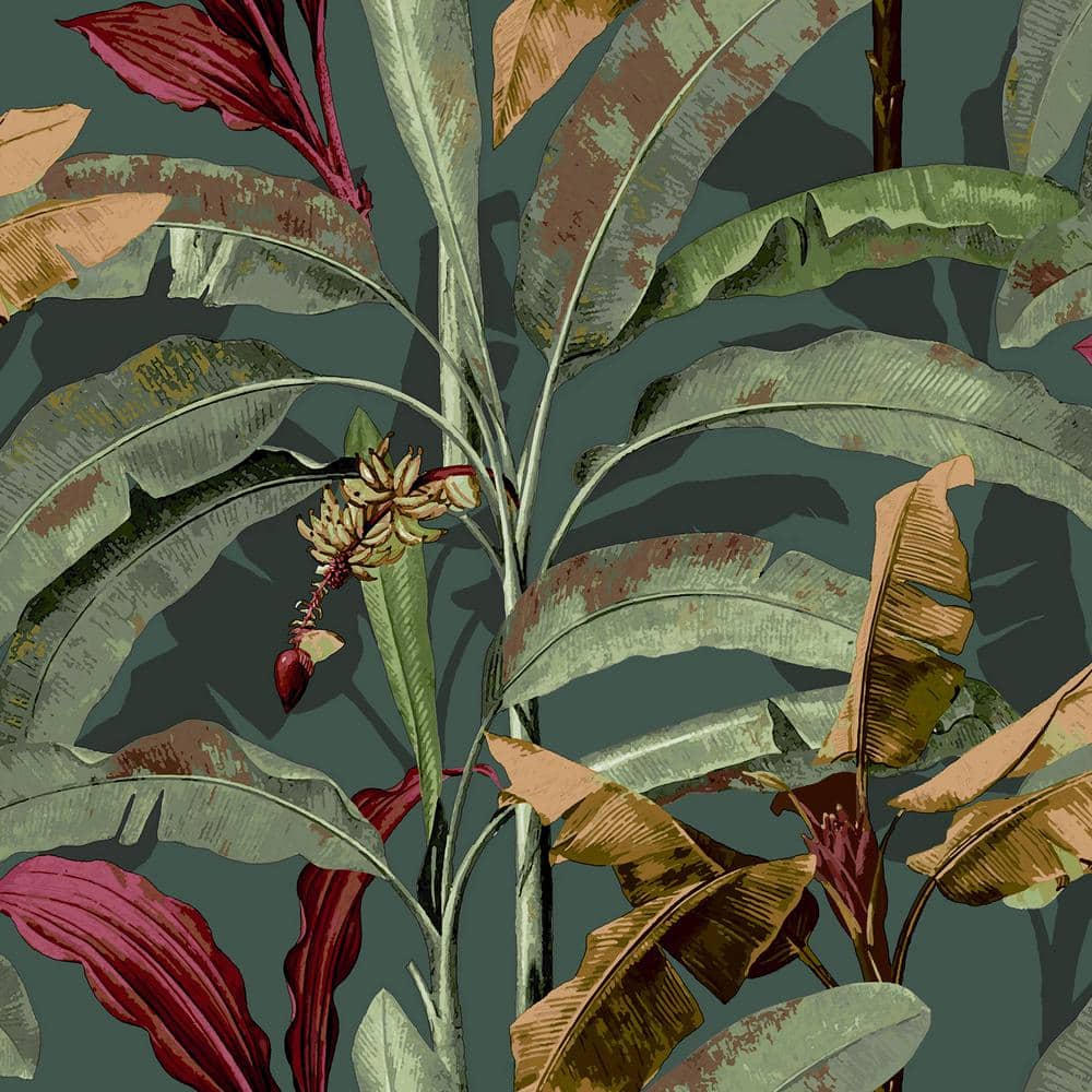 Into The Wild Green/Red Metallic Banana Tree Leaves Non-Pasted Non-Woven Pa