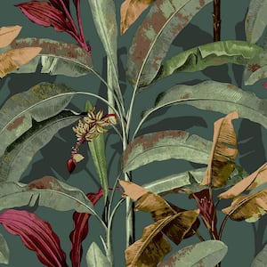 Into The Wild Green/Red Metallic Banana Tree Leaves Non-Pasted Non-Woven Paper Wallpaper Roll