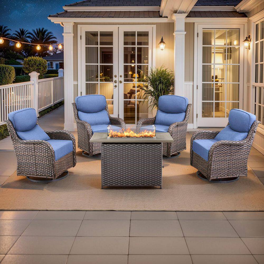 MoonLuxe Brown Wicker Fire Pit Conversation Set with Blue Olefin 6 in. Thick Cushions Patio Swivel Chairs (5-Piece) price history on PriceWatchPro
