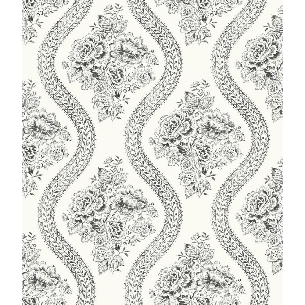 Black and Off-White Floral Vinyl Wallpaper