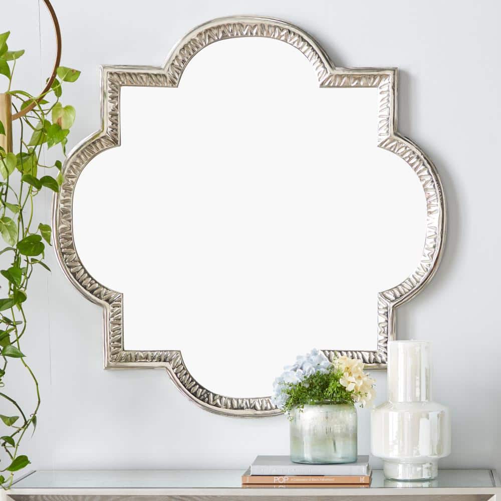 Elegant Silver Quatrefoil 40" Square Aluminum Wall Mirror