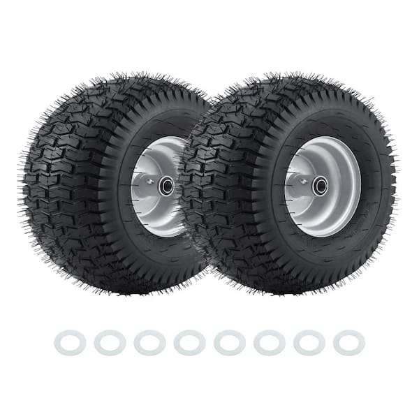 2 Pack 15×6.00-6 Lawn Mower Tire & Wheel Set,6"- 8" Centered Hub Lawn Mower Wheel, 1/2" 5/8" 3/4" Ball Bearings,Silvery