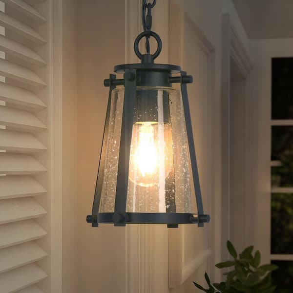 Uolfin Black Farmhouse Craftsman Outdoor Mini Pendant Light With Bell-Seeded Glass Shade, 9.7 in. 1-Light Patio Porch Lantern