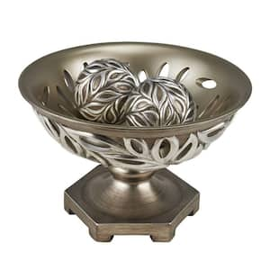 13 in. Brushed Silver Leaf Polyresin Decorative Pedestal Bowl with Orbs