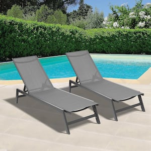 2-Pieces Set Aluminum Outdoor Chaise Lounge Chairs, 5-Position Adjustable Recliner, Grey Frame/Black Fabric