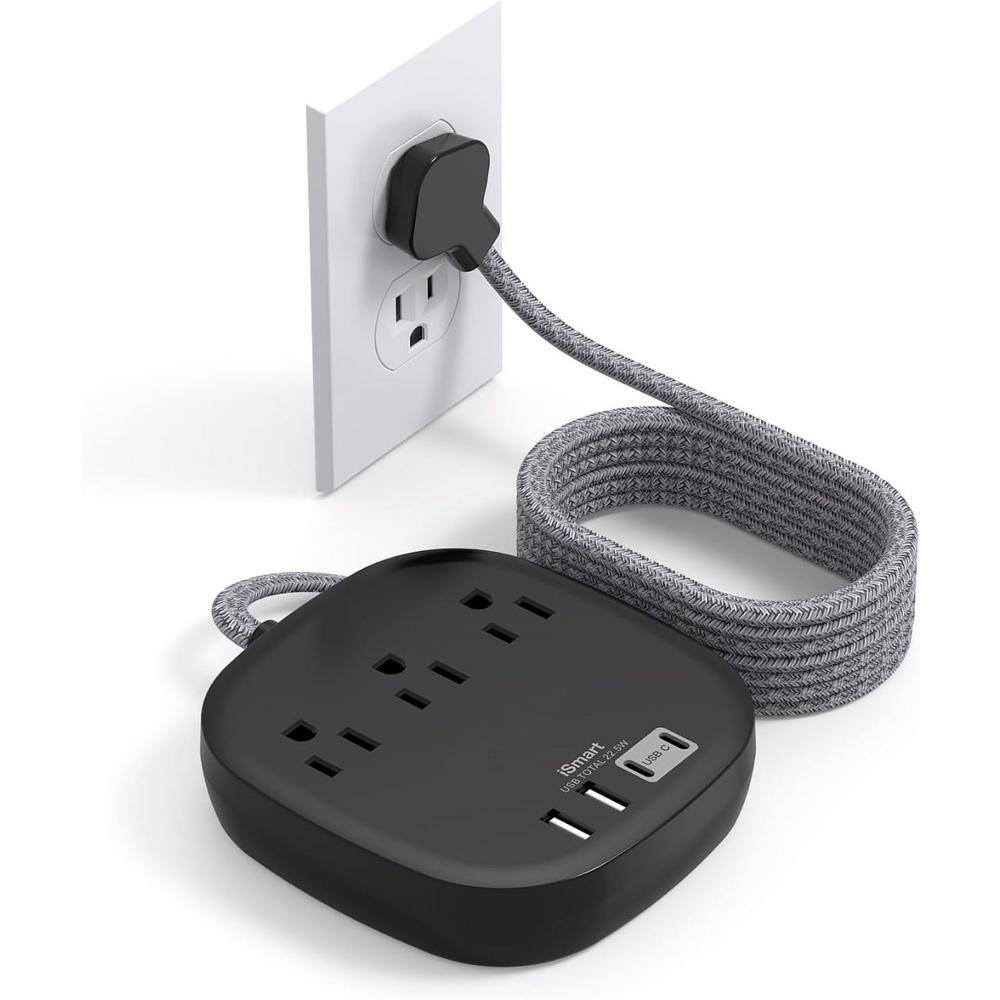 3-Outlet Power Strip with 4 USB Ports (2 USB C) and 5 ft. Ultra Flat Extens