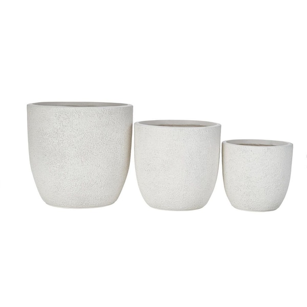 Zion 16.93 in. Dia White Round Lightweight Concrete MGO Outdoor Planter Flower Pot with Drainage Holes, (Set of 3)
