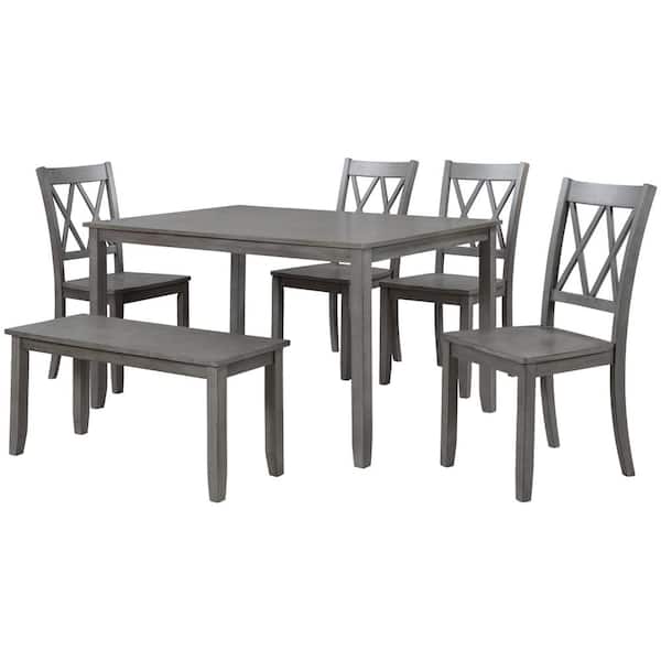 Unbrand 6 Piece Antique Graywash Wooden, Dining Table Set With Bench Back