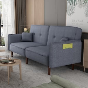 Gray Fabric Futon Sofa Bed for Living Room with Solid Wood Leg