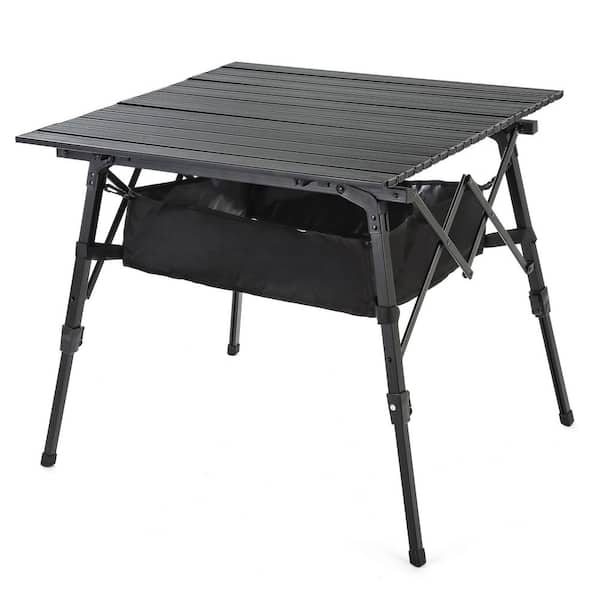Black Aluminum Height-Adjustable Roll-Up Folding Camp Table with Under-Table Mesh Storage and Carry Bag