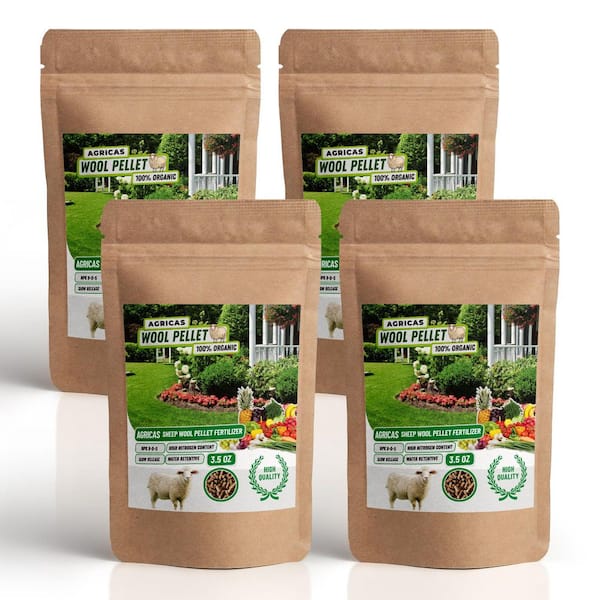 0.88 lb Organic Granular Fertilizer - 100% Sheep Wool, 9-0-5 NPK, Slow Release, Water-Retentive (3.5 oz./Pack, 4-Pack)