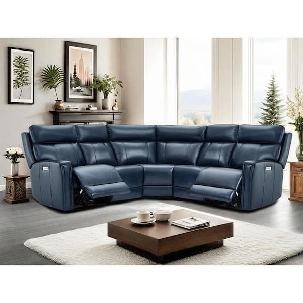 Rhett 104 in. Genuine Leather Power Reclining Sectional Sofa with Zero Gravity, 2-Stationary Armlesschairs in Dark Blue