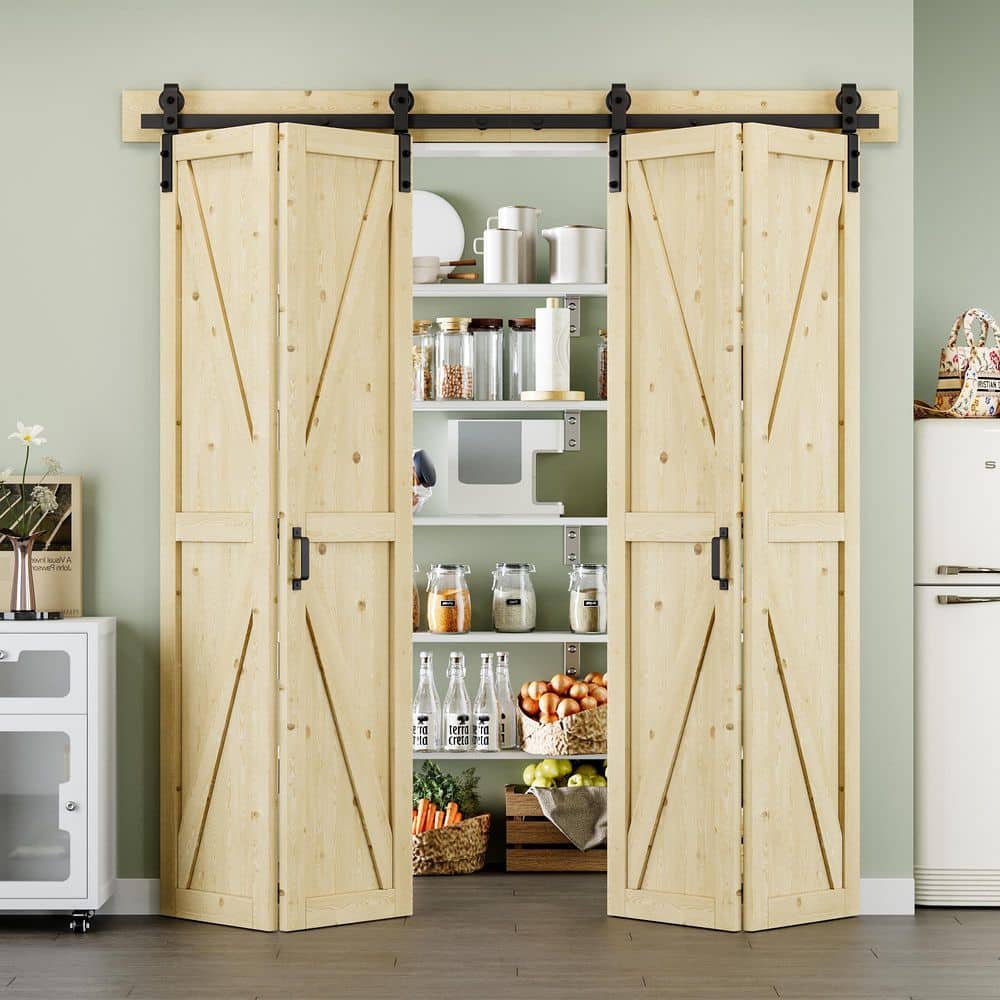 72 in. x 84 in. Paneled K Shape Solid Pine Wood Unfished Bi-fold Sliding Barn Door with Hardware Kit and Headerboard price history on PriceWatchPro