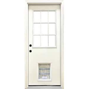 32 in. x 80 in. Reliant Series Clear 9-Lite RHIS White Primed Fiberglass Prehung Front Door with Large Pet Door