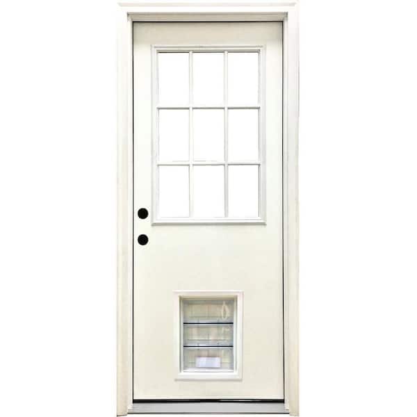 Steves & Sons 32 in. x 80 in. Reliant Series Clear 9-Lite RHIS White Primed Fiberglass Prehung Front Door with Large Pet Door