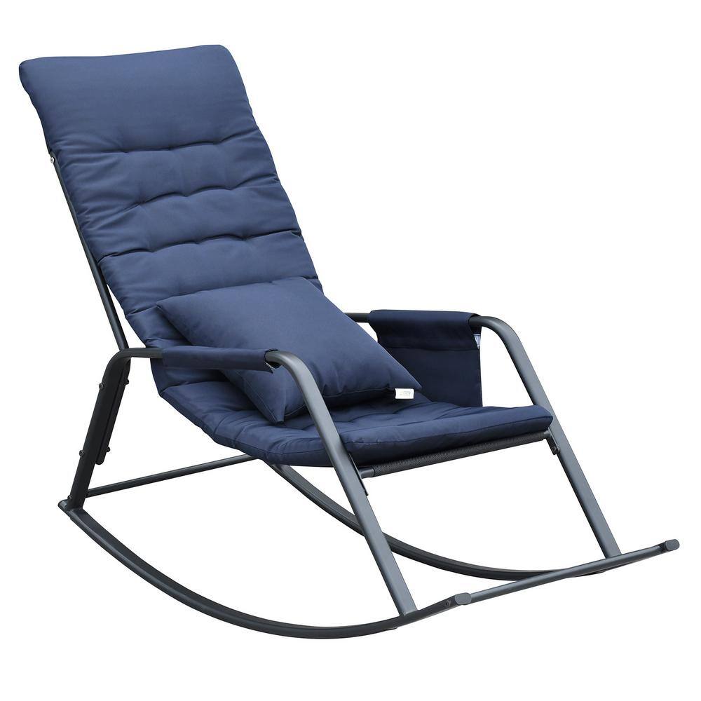 Metal Outdoor Rocking Chair with Padded Blue Cushions, Single Seat Modern A