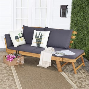 Natural Wood Outdoor Sofa Day Bed Adjustable Furniture with Gray Cushion