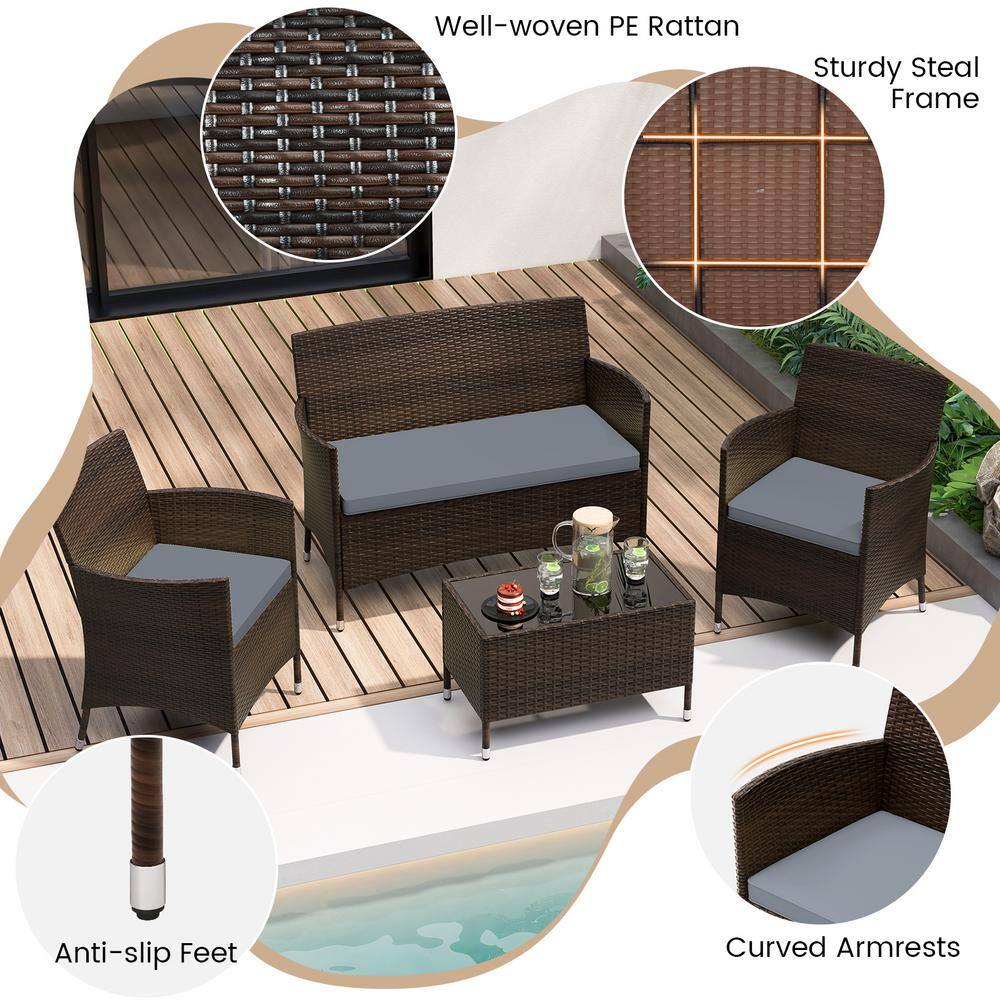 4-Piece Gray Rattan Wicker Patio Sofa Set with Cushions and Coffee Table
