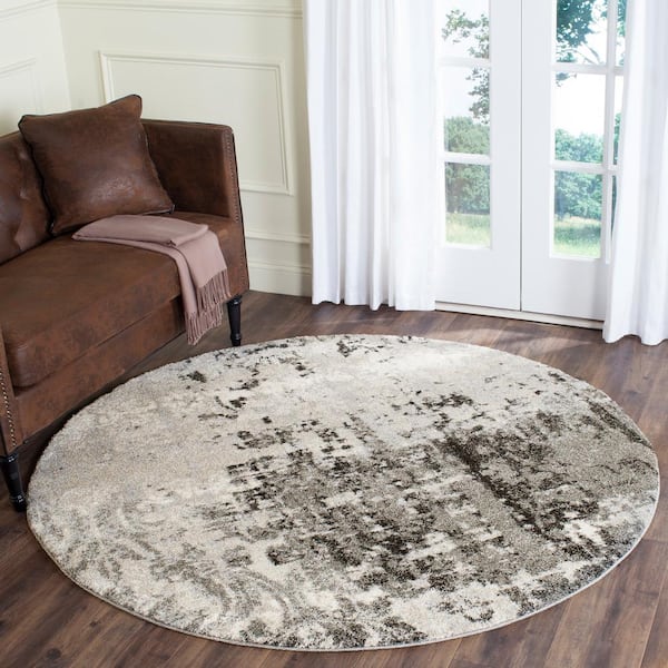 Retro Light Gray/Gray 6 ft. x 6 ft. Round Floral Area Rug