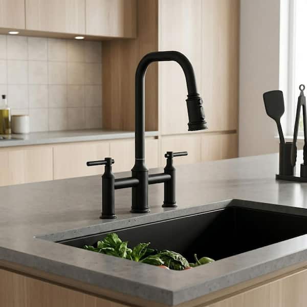 3 Patterns Double Handle Pull Down Bridge Kitchen Faucet with 360° Swivel Spout for 3 Holes in Matte Black