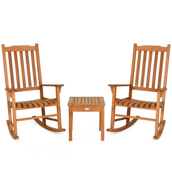 ANGELES HOME 3 Piece Wood Patio Conversation Set Eucalyptus Outdoor Rocking Chair Set with Coffee Table