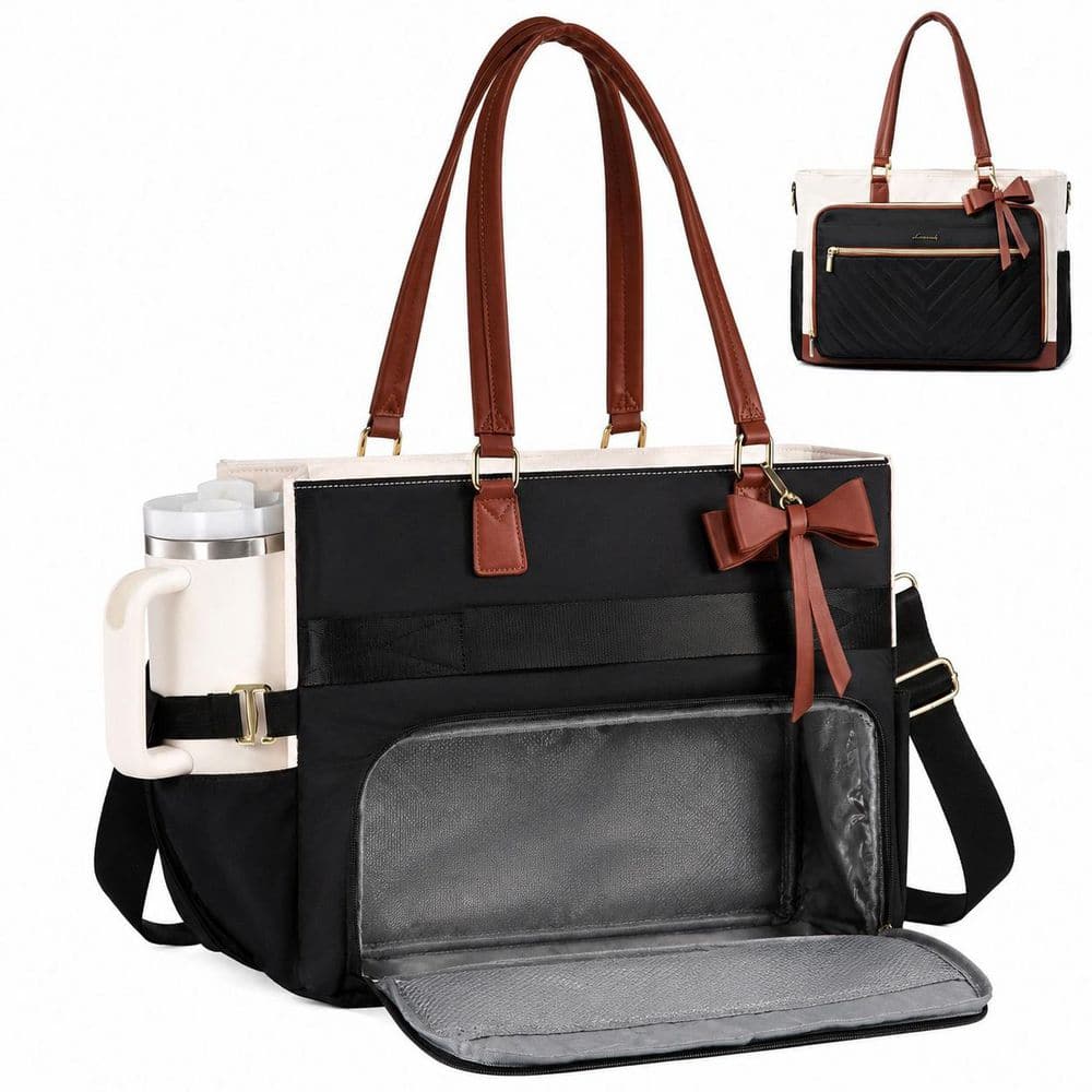 Black Beige Brown Quilted Lunch Bag Tote with Insulated Compartment for 15.6 in Laptop