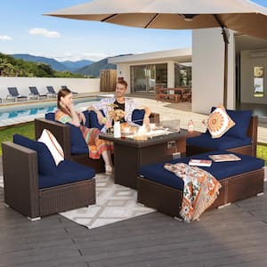 Luxury 7 Pieces Espresso Wicker Patio Fire Pit Coversation Sectional Sofa Set with Ottomans and Navy Blue Cushions